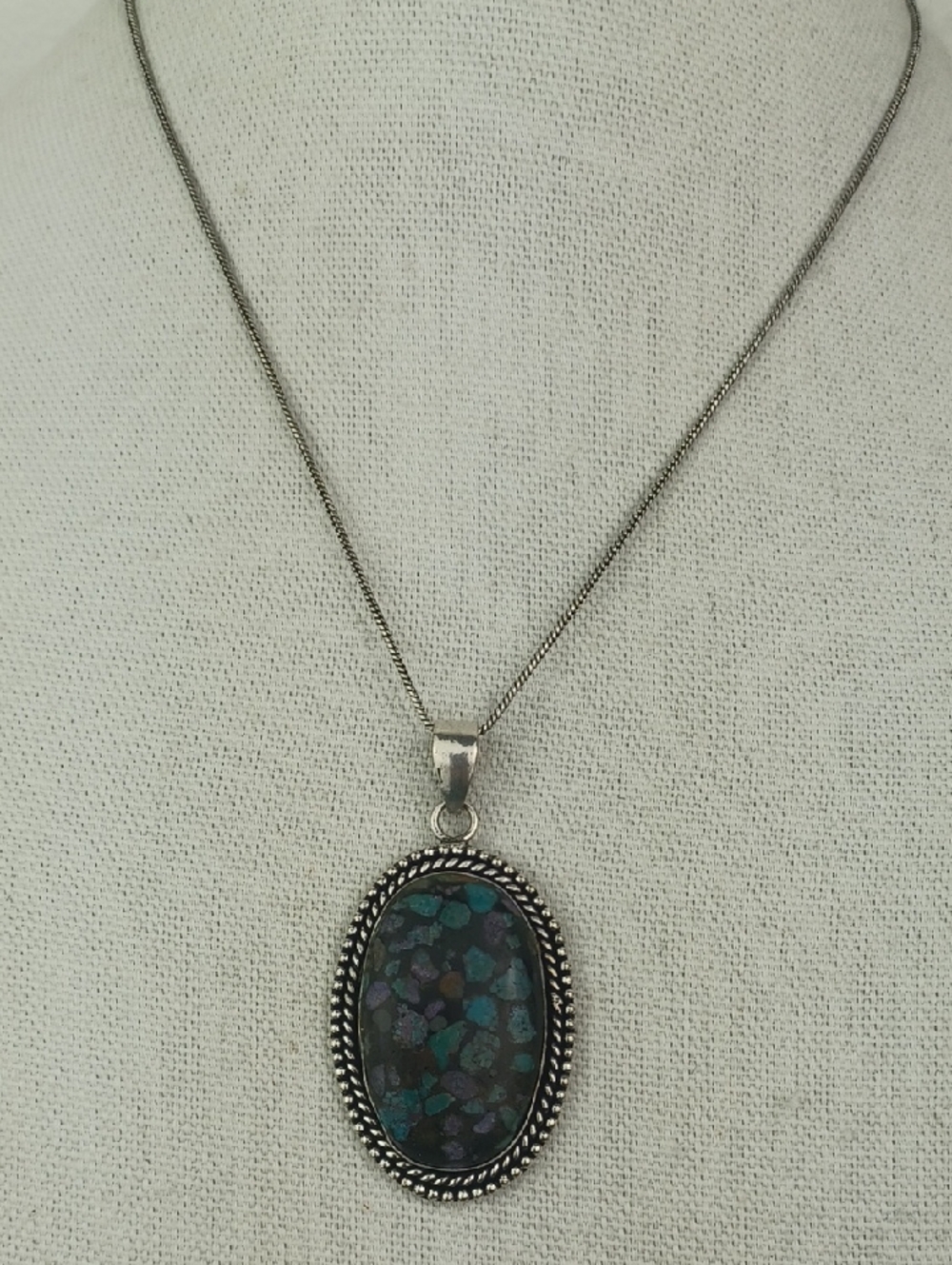 Sterling Silver Black Turquoise Purple Terrazo Mosaic Stone Pendant Necklace - Picture 3 of 10